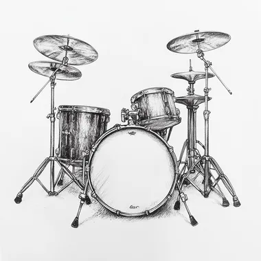 32w Freehand drawing in black pencil of an acoustic drum kit with two bass drums, two toms, several cymbals and a snare drum. Viewed from the front at a height of 45 degrees.