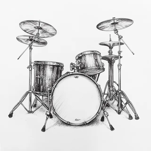 Dynamic Freehand Sketch of a Dual Bass Drum Kit in Black Pencil