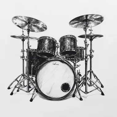 32w Freehand drawing in black pencil of an acoustic drum kit with two bass drums, two toms, several cymbals and a snare drum. Viewed from the front at a height of 45 degrees.