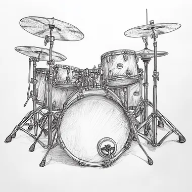 32w Freehand drawing in black pencil of an acoustic drum kit with two bass drums, two toms, several cymbals and a snare drum. Viewed from the front at a height of 45 degrees.