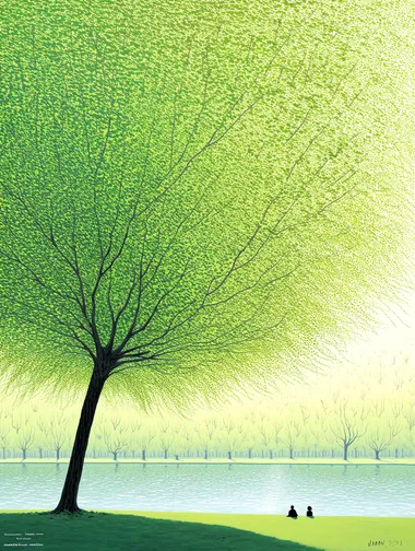 A painting of an enormous green tree with lush foliage, the shadowed branches forming a canopy over two people sitting on the grass beneath it. The background is light and bright, with a clear sky above. In front of them lies a river or lake. It's a sunny day with gentle sunlight filtering through the trees, creating dappled shadows that add depth to the scene. This artwork conveys a sense of tranquility and harmony between nature and human presence, in the style of John Singer Sargent.   rou6ods  --s 750