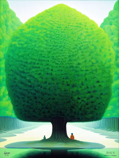 A painting of an enormous green tree with lush foliage, the shadowed branches forming a canopy over two people sitting on the grass beneath it. The background is light and bright, with a clear sky above. In front of them lies a river or lake. It's a sunny day with gentle sunlight filtering through the trees, creating dappled shadows that add depth to the scene. This artwork conveys a sense of tranquility and harmony between nature and human presence, in the style of John Singer Sargent.   rou6ods  --s 750