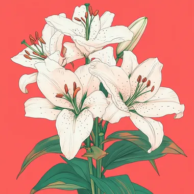 A hand-drawn illustration of a vibrant bouquet of lilies on a clean, solid color background, featuring snow-white petals and strikingly vivid stamens, suitable for easy extraction.