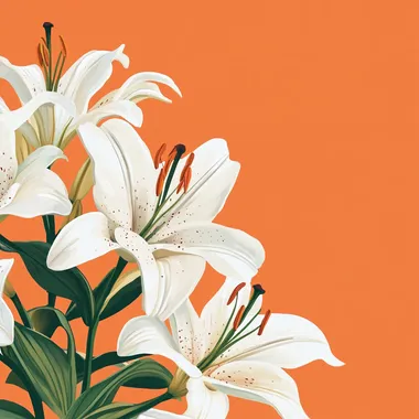 A hand-drawn illustration of a vibrant bouquet of lilies on a clean, solid color background, featuring snow-white petals and strikingly vivid stamens, suitable for easy extraction.
