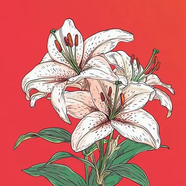 A hand-drawn illustration of a vibrant bouquet of lilies on a clean, solid color background, featuring snow-white petals and strikingly vivid stamens, suitable for easy extraction.