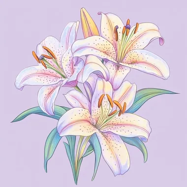 A hand-drawn illustration of a vibrant bouquet of lilies on a clean, solid color background, featuring snow-white petals and strikingly vivid stamens, suitable for easy extraction.