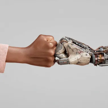 arm wrestling of a woman's hand against a robot's hand on a neutral background. realistic photography