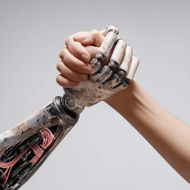 arm wrestling of a woman's hand against a robot's hand on a neutral background. realistic photography