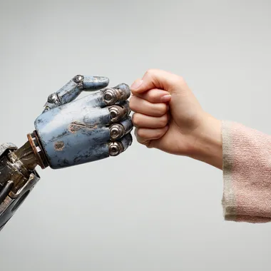 arm wrestling of a woman's hand against a robot's hand on a neutral background. realistic photography