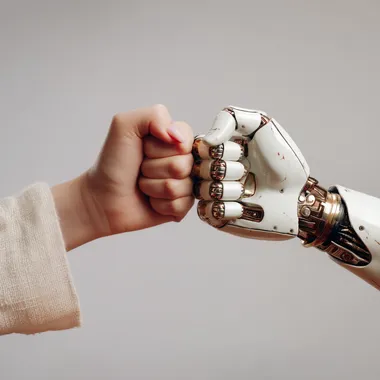 arm wrestling of a woman's hand against a robot's hand on a neutral background. realistic photography