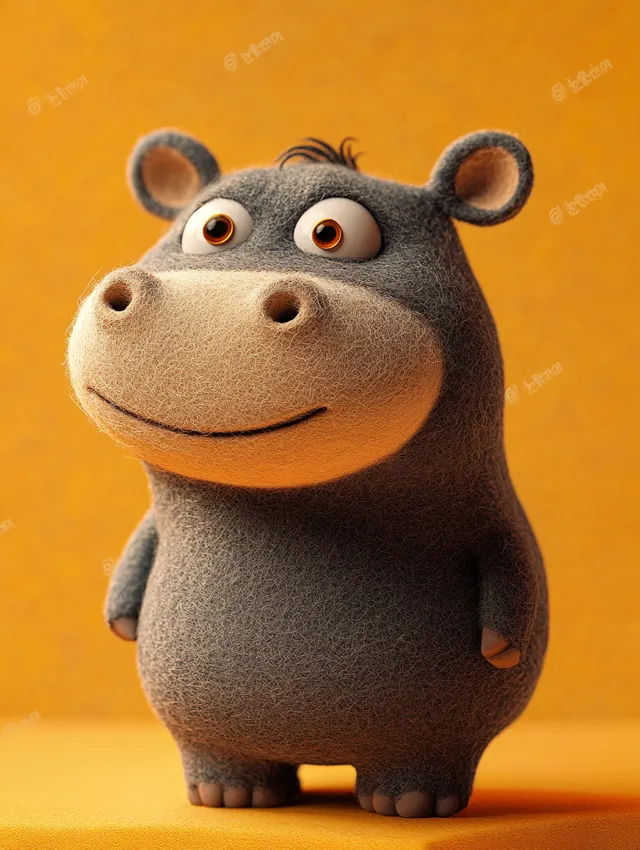 Cute cartoon hippo with happy expression on bright yellow background