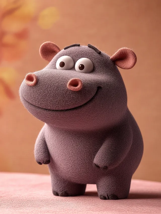Cute wool felt hippo toy with happy expression on pink surface