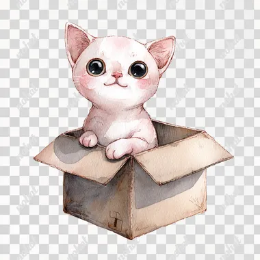 watercolor painting Cute kitten character, playing in cardboard box, white background Illustration on simple line art style , cute pastel color theme, isolated on white background, watercolor texture