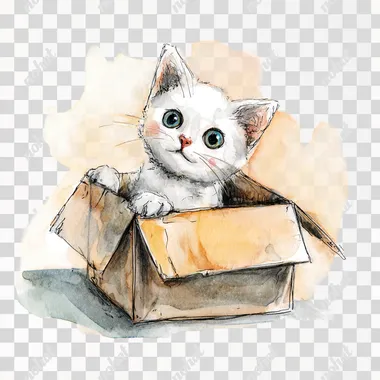 watercolor painting Cute kitten character, playing in cardboard box, white background Illustration on simple line art style , cute pastel color theme, isolated on white background, watercolor texture