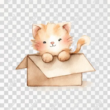 watercolor painting Cute kitten character, playing in cardboard box, white background Illustration on simple line art style , cute pastel color theme, isolated on white background, watercolor texture