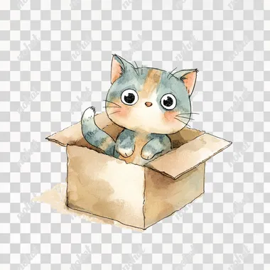 watercolor painting Cute kitten character, playing in cardboard box, white background Illustration on simple line art style , cute pastel color theme, isolated on white background, watercolor texture