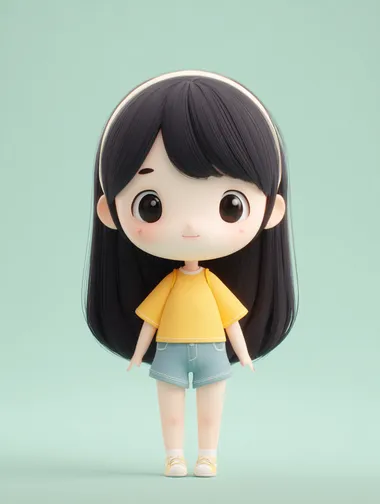 A lovely girl, Slightly fat, big eyes, Black hair parted, Whole body, POP Mart style, Yellow T shirt, Light blue shorts, Cute, 3D  --raw rofile 6lu5p76