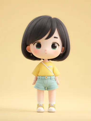 A lovely girl, Slightly fat, big eyes, Black hair parted, Whole body, POP Mart style, Yellow T shirt, Light blue shorts, Cute, 3D  --raw rofile 6lu5p76