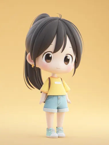 A lovely girl, Slightly fat, big eyes, Black hair parted, Whole body, POP Mart style, Yellow T shirt, Light blue shorts, Cute, 3D  --raw rofile 6lu5p76