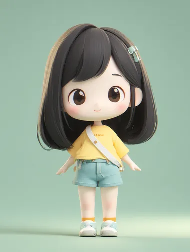 A lovely girl, Slightly fat, big eyes, Black hair parted, Whole body, POP Mart style, Yellow T shirt, Light blue shorts, Cute, 3D  --raw rofile 6lu5p76