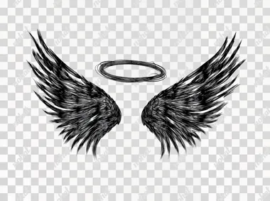 simple black angel wings with halo, white background, vector png