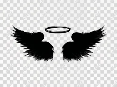 simple black angel wings with halo, white background, vector png