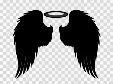 simple black angel wings with halo, white background, vector png