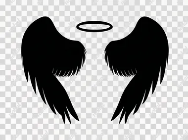 simple black angel wings with halo, white background, vector png