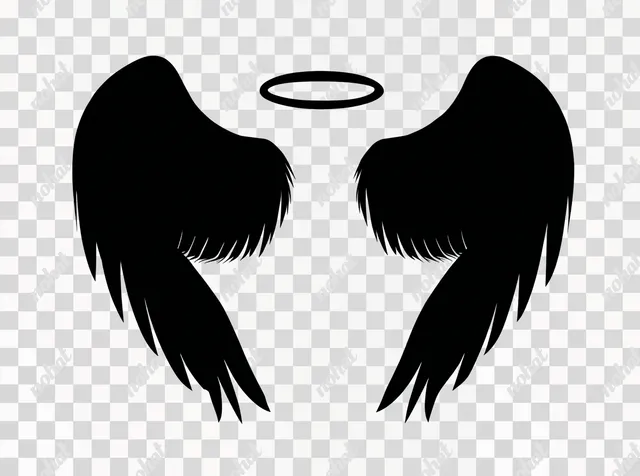 PNG Minimalist Black Angel Wings with Halo on White Background