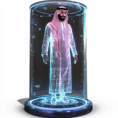 A traditional Saudi Arabian man, depicted as a hologram, standing inside a hologram cylinder tube. we see the whole silhouette of the man and the whole cylinder. We see him from front. The man is wearing traditional Saudi attire, including a white thobe, a red and white checkered keffiyeh, and an agal. The hologram effect is visually prominent, with the man appearing slightly translucent with blue and purple glowing lines that outline his form. The cylinder tube is futuristic, emitting a soft glow that enhances the holographic effect. The background is blurred, suggesting a simple white room with no furiture.