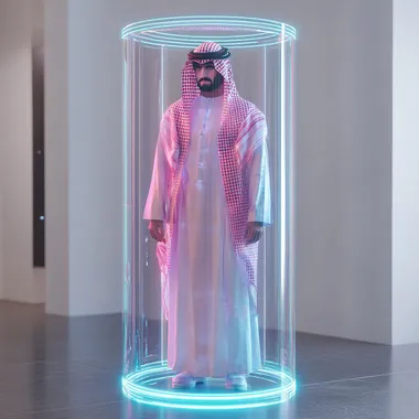 A traditional Saudi Arabian man, depicted as a hologram, standing inside a hologram cylinder tube. we see the whole silhouette of the man and the whole cylinder. We see him from front. The man is wearing traditional Saudi attire, including a white thobe, a red and white checkered keffiyeh, and an agal. The hologram effect is visually prominent, with the man appearing slightly translucent with blue and purple glowing lines that outline his form. The cylinder tube is futuristic, emitting a soft glow that enhances the holographic effect. The background is blurred, suggesting a simple white room with no furiture.