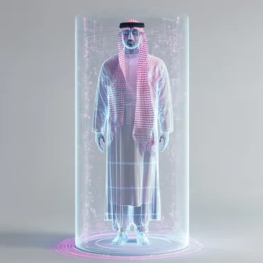 A traditional Saudi Arabian man, depicted as a hologram, standing inside a hologram cylinder tube. we see the whole silhouette of the man and the whole cylinder. We see him from front. The man is wearing traditional Saudi attire, including a white thobe, a red and white checkered keffiyeh, and an agal. The hologram effect is visually prominent, with the man appearing slightly translucent with blue and purple glowing lines that outline his form. The cylinder tube is futuristic, emitting a soft glow that enhances the holographic effect. The background is blurred, suggesting a simple white room with no furiture.