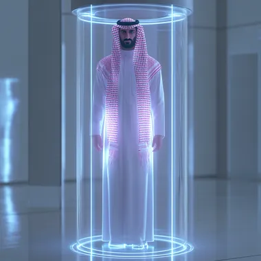 A traditional Saudi Arabian man, depicted as a hologram, standing inside a hologram cylinder tube. we see the whole silhouette of the man and the whole cylinder. We see him from front. The man is wearing traditional Saudi attire, including a white thobe, a red and white checkered keffiyeh, and an agal. The hologram effect is visually prominent, with the man appearing slightly translucent with blue and purple glowing lines that outline his form. The cylinder tube is futuristic, emitting a soft glow that enhances the holographic effect. The background is blurred, suggesting a simple white room with no furiture.