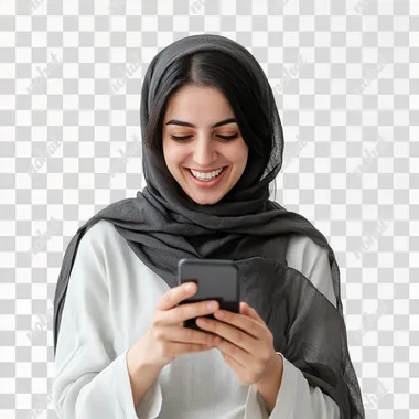 I want a photo of an Iranian woman playing with her phone, happy and with a white background