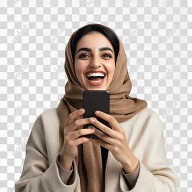 I want a photo of an Iranian woman playing with her phone, happy and with a white background