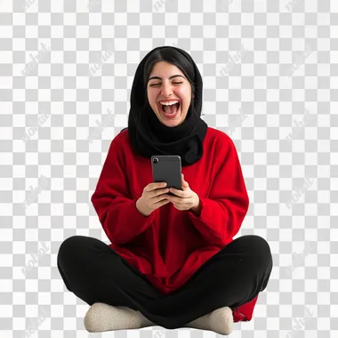 I want a photo of an Iranian woman playing with her phone, happy and with a white background