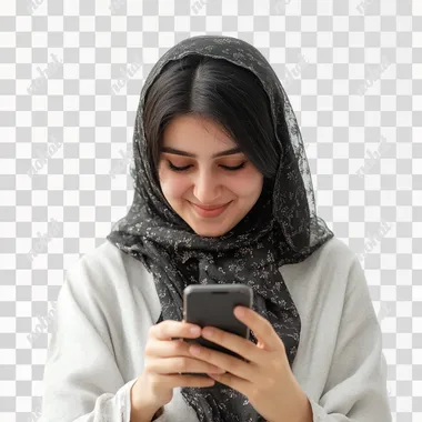 I want a photo of an Iranian woman playing with her phone, happy and with a white background