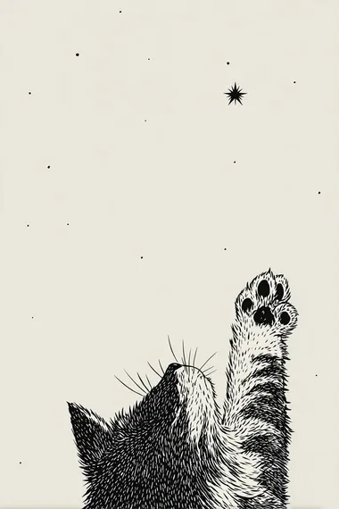 simple and small lineart, cat paw reaching up for a star in vintage style   rofile kyxuu5e  --raw