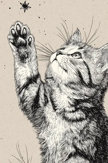 simple and small lineart, cat paw reaching up for a star in vintage style   rofile kyxuu5e  --raw