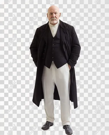 Color photograph of a character of an elderly very tall 80 year old bald opera singer without a beard and mustache of the end of the 19th century in Russia in full growth. He is dressed in a dark frock coat, white trousers, a dark vest, he is tall. He is dressed for a dinner party. White background, high resolution.