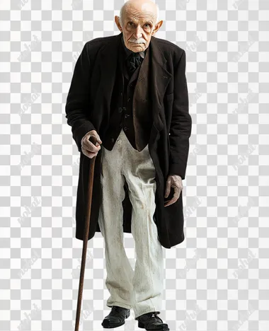 Color photograph of a character of an elderly very tall 80 year old bald opera singer without a beard and mustache of the end of the 19th century in Russia in full growth. He is dressed in a dark frock coat, white trousers, a dark vest, he is tall. He is dressed for a dinner party. White background, high resolution.