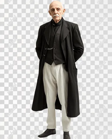 Color photograph of a character of an elderly very tall 80 year old bald opera singer without a beard and mustache of the end of the 19th century in Russia in full growth. He is dressed in a dark frock coat, white trousers, a dark vest, he is tall. He is dressed for a dinner party. White background, high resolution.