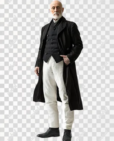 Color photograph of a character of an elderly very tall 80 year old bald opera singer without a beard and mustache of the end of the 19th century in Russia in full growth. He is dressed in a dark frock coat, white trousers, a dark vest, he is tall. He is dressed for a dinner party. White background, high resolution.