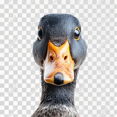 A funny looking duck head stared at the camera, isolated on a white background. Detailed photo material images.