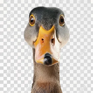 A funny looking duck head stared at the camera, isolated on a white background. Detailed photo material images.