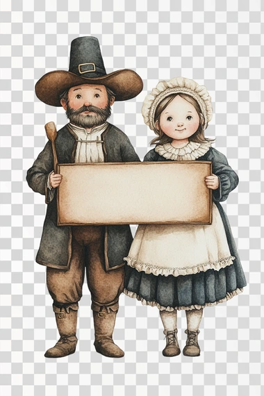 cute and adorable whimsical full body pilgrim couple holding a very large straight sign suitable for a thanksgiving invitation, he is wearing traditional hat and pants and she is wearing a dress with white apron and a white pilgrim bonnet, cutout, watercolor, full body, isolated on white background  --s 250