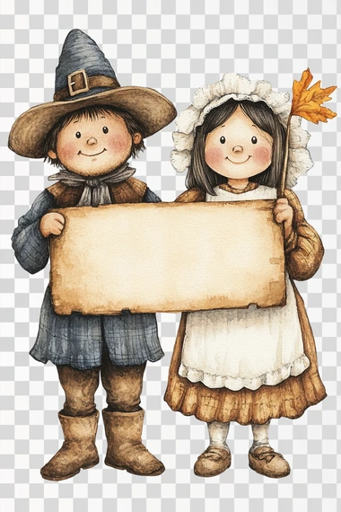 cute and adorable whimsical full body pilgrim couple holding a very large straight sign suitable for a thanksgiving invitation, he is wearing traditional hat and pants and she is wearing a dress with white apron and a white pilgrim bonnet, cutout, watercolor, full body, isolated on white background  --s 250