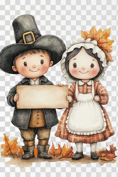 cute and adorable whimsical full body pilgrim couple holding a very large straight sign suitable for a thanksgiving invitation, he is wearing traditional hat and pants and she is wearing a dress with white apron and a white pilgrim bonnet, cutout, watercolor, full body, isolated on white background  --s 250