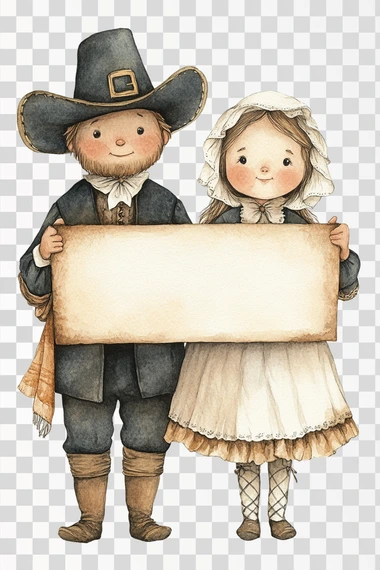 cute and adorable whimsical full body pilgrim couple holding a very large straight sign suitable for a thanksgiving invitation, he is wearing traditional hat and pants and she is wearing a dress with white apron and a white pilgrim bonnet, cutout, watercolor, full body, isolated on white background  --s 250