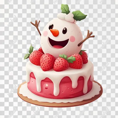 Strawberry Snowman Cake2D icon designs. game, patterns, matte clay, cute 2d cartoon style, simple backgroun